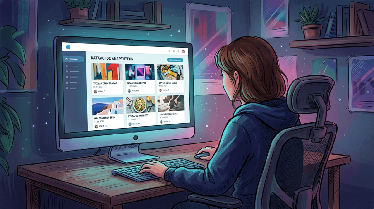 Person browsing a Greek website showing a catalog of posts on a computer screen